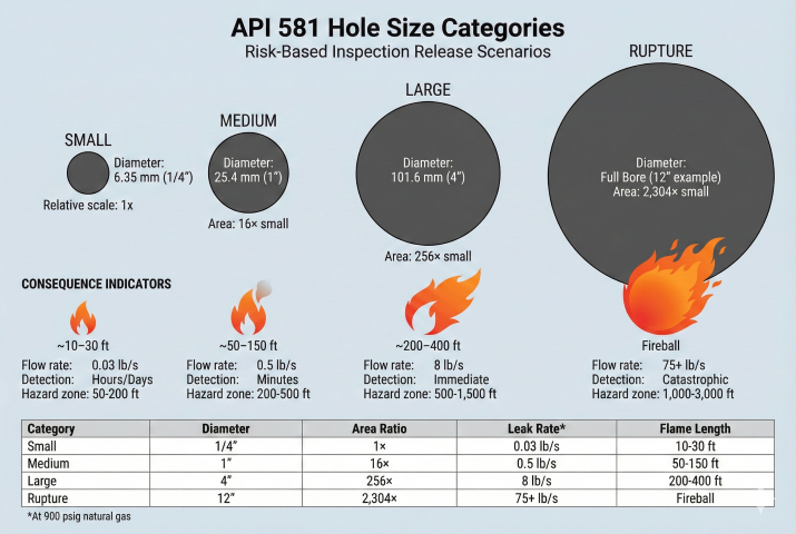 API 581 hole size categories showing four scaled circles for Small (6.35mm, 1/4 inch), Medium (25.4mm, 1 inch), Large (101.6mm, 4 inch), and Rupture (full bore 12 inch example) with area ratios, leak rates, detection times, hazard zones, and flame length indicators