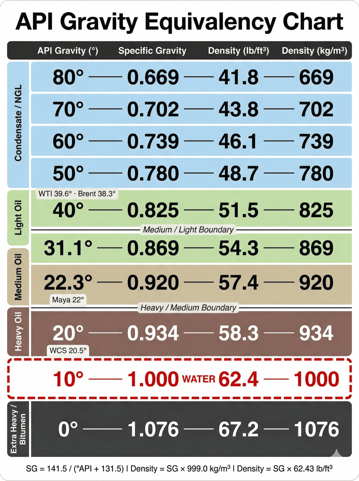 API gravity equivalency chart converting between API gravity degrees, specific gravity, density in pounds per cubic foot, and density in kilograms per cubic meter for petroleum liquids, showing 10 discrete values from 0 degrees API at 1.076 specific gravity and 1076 kg per m3 for extra heavy bitumen up to 80 degrees API at 0.669 specific gravity and 669 kg per m3 for condensate and NGL, with color coded classification zones and a highlighted water reference row at 10 degrees API and specific gravity 1.000