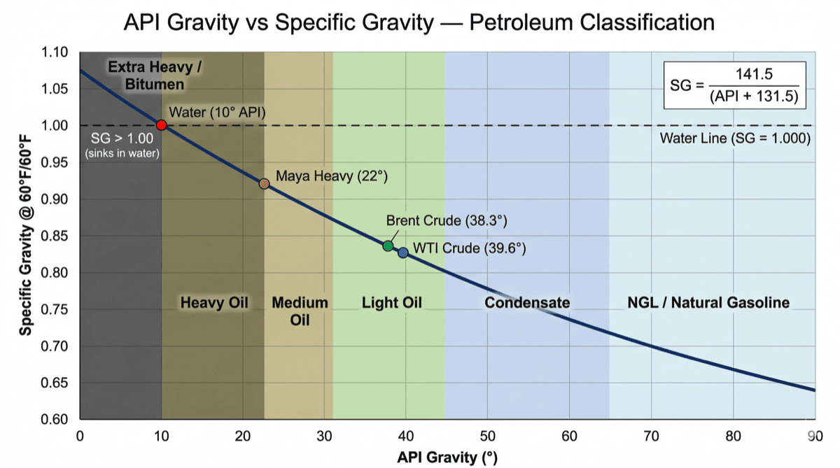 API gravity vs specific gravity conversion chart showing the inverse relationship curve with petroleum classification zones for extra heavy crude oil, heavy oil, medium oil, light oil, condensate, and NGL, with benchmark crudes WTI at 39.6 degrees API, Brent at 38.3 degrees, and Maya Heavy at 22 degrees plotted on the curve