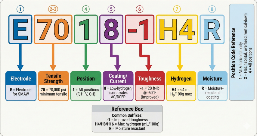 Color-coded breakdown of AWS electrode designation E7018-1 H4R showing meaning of each character: E=electrode, 70=tensile strength, 1=position, 8=coating type, -1=toughness, H4=hydrogen limit, R=moisture resistant