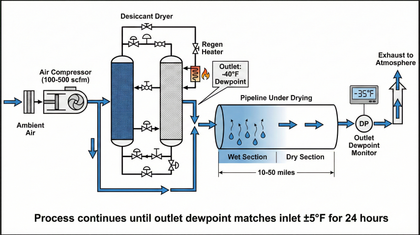 Air drying system process flow diagram showing air compressor (100-500 scfm), twin tower desiccant dryer with regeneration heater, pipeline under drying with wet and dry sections, and outlet dewpoint monitor displaying -35°F