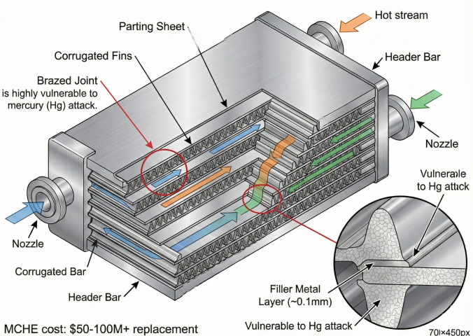 3D cutaway of brazed aluminum heat exchanger showing parting sheets, corrugated fins, header bars, nozzles, and detail of brazed joint vulnerable to mercury attack