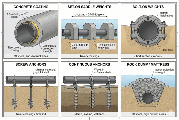 Cross-section of submerged pipeline showing buoyancy force versus weight components.