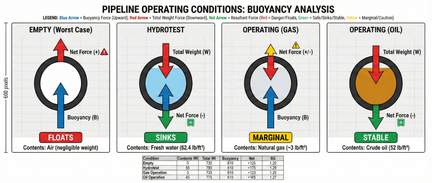 Four-panel comparison of pipeline buoyancy under empty, hydrotest, gas, and oil conditions.