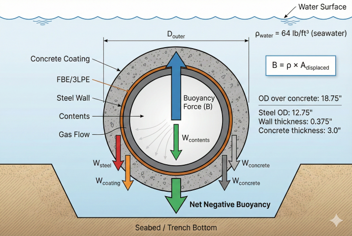 Longitudinal profile of pipeline river crossing showing buoyancy zones and SG requirements.