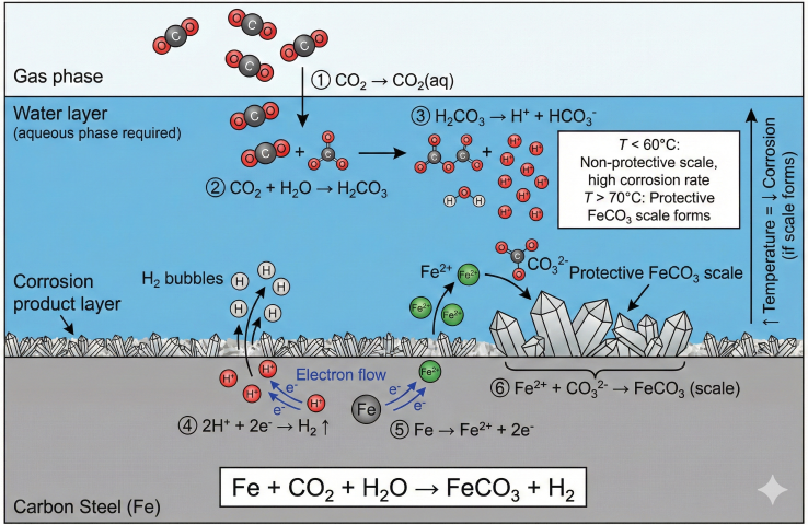 CO2 corrosion mechanism diagram showing cross-section of steel surface with water layer and gas phase, numbered reaction steps: 1 CO2 dissolving into aqueous phase, 2 carbonic acid formation CO2+H2O→H2CO3, 3 acid dissociation H2CO3→H++HCO3-, 4 cathodic reaction 2H++2e-→H2 with bubble, 5 anodic reaction Fe→Fe2++2e- iron dissolution, 6 FeCO3 scale formation Fe2++CO32-→FeCO3 crystals on surface, temperature effect box showing T<60°C non-protective scale high corrosion vs T>70°C protective FeCO3 scale forms, overall reaction equation at bottom