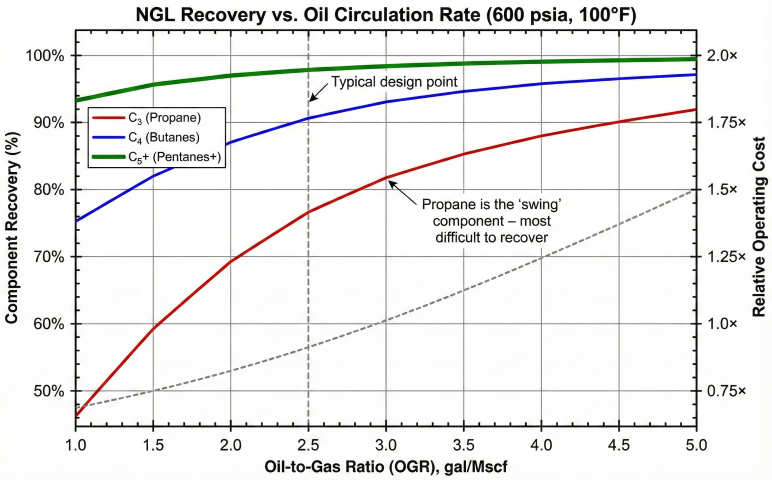 NGL recovery vs oil circulation rate chart at 600 psia and 100°F showing three curves: C5+ pentanes (green, 93-99.8% recovery), C4 butanes (blue, 75-97%), and C3 propane (red, 45-92%) versus OGR from 1.0-5.0 gal/Mscf, with typical design point at OGR=2.5 and secondary axis showing relative operating cost
