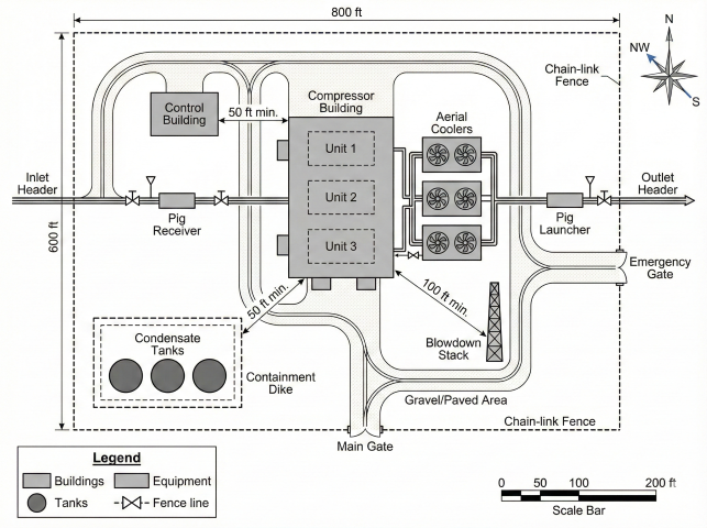 Aerial plot plan of compressor station showing compressor building, control building, aerial coolers, condensate tanks with containment dike, blowdown stack, pig launcher/receiver, inlet/outlet headers, and perimeter fence with gates