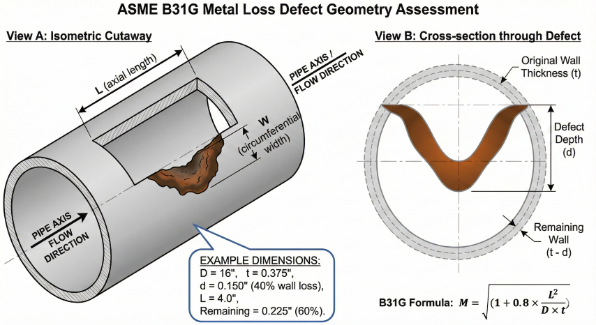 ASME B31G metal loss defect geometry assessment showing isometric cutaway view with corrosion defect dimensions L (axial length) and W (circumferential width), plus cross-section through defect showing original wall thickness t, defect depth d, and remaining wall t-d, with example dimensions D=16 inches, t=0.375 inches, d=0.150 inches representing 40% wall loss