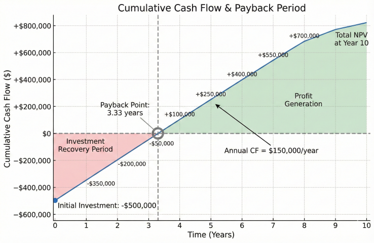 Cumulative cash flow curve showing $500,000 initial investment recovered at 3.33 years payback point, with investment recovery period shaded red and profit generation zone shaded green, annual cash flow of $150,000 per year