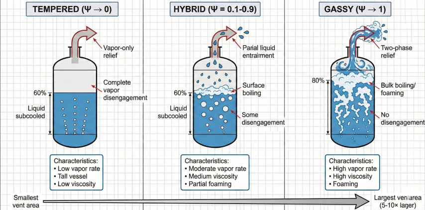 Three-panel DIERS system classification diagram showing reactor vessels with different venting behavior: Tempered (Ψ→0) with vapor-only relief, complete vapor disengagement, liquid subcooled at 60% fill, smallest vent area; Hybrid (Ψ=0.1-0.9) with partial liquid entrainment, surface boiling, some disengagement; Gassy (Ψ→1) with two-phase relief, bulk boiling and foaming at 80% swelled level, no disengagement, largest vent area 5-10× larger