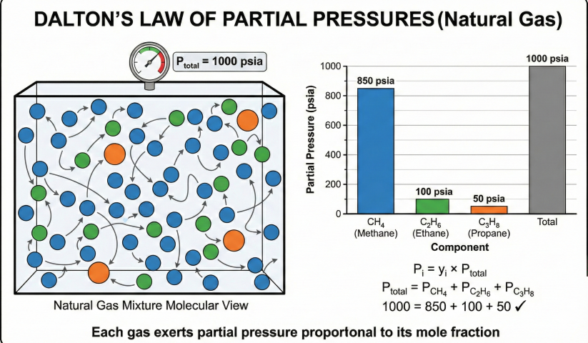 Dalton's Law visualization showing natural gas mixture with colored molecules (methane blue, ethane green, propane orange), pressure gauge at 1000 psia total, and bar chart showing partial pressures: CH4=850, C2H6=100, C3H8=50 psia