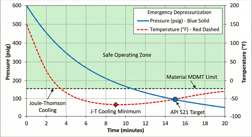 Graph showing pressure decay curve and temperature profile during 15-minute emergency depressurization with Joule-Thomson cooling minimum and MDMT material limit highlighted