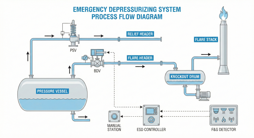 Process flow diagram showing emergency depressurizing system with pressure vessel, blowdown valve connected to flare header, knockout drum, and flare stack, with ESD system integration and manual blowdown station