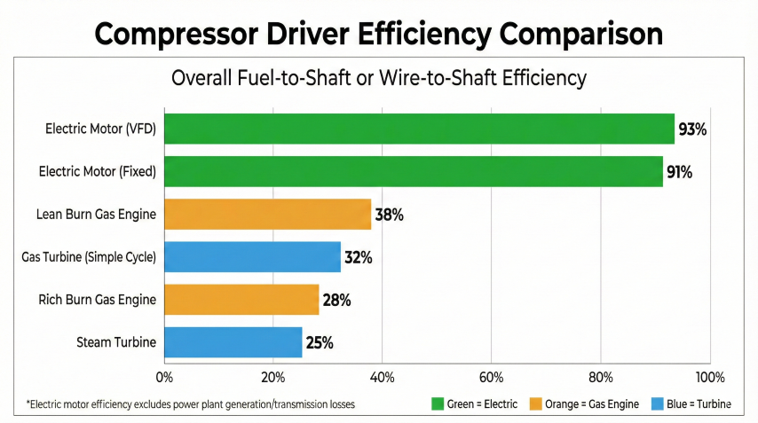 Horizontal bar chart comparing compressor driver efficiencies: Electric Motor VFD 93%, Electric Motor Fixed 91%, Lean Burn Gas Engine 38%, Gas Turbine 32%, Rich Burn Gas Engine 28%, Steam Turbine 25%