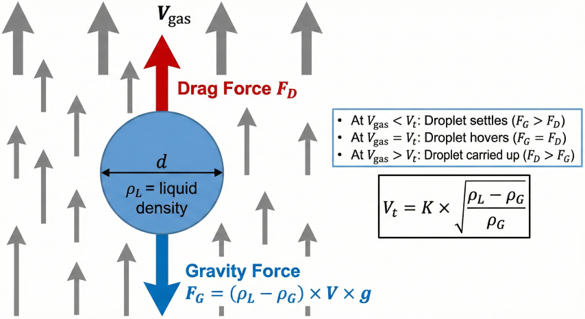 Force balance diagram showing liquid droplet in upward gas flow with drag force, gravity force, and terminal velocity relationship per Souders-Brown equation