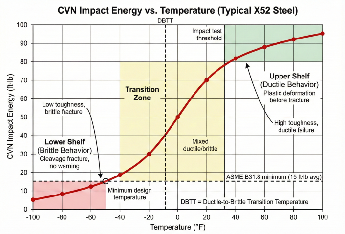 CVN impact energy versus temperature chart for typical X52 steel showing S-shaped transition curve from 5 ft-lb at -100°F to 95 ft-lb at +100°F, three labeled regions: lower shelf brittle behavior (light red) with cleavage fracture below 15 ft-lb, transition zone (light yellow) with mixed ductile-brittle behavior, upper shelf ductile behavior (light green) above 80 ft-lb with plastic deformation, horizontal dashed line at ASME B31.8 minimum 15 ft-lb average, vertical dashed line at DBTT ductile-to-brittle transition temperature around -10°F, impact test threshold at 32°F