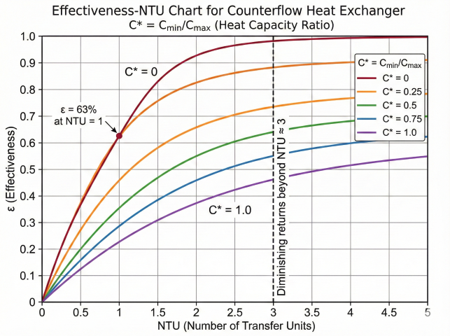 Effectiveness-NTU chart for counterflow heat exchanger showing effectiveness vs NTU curves for C* values of 0, 0.25, 0.5, 0.75, and 1.0, with annotation showing 63% effectiveness at NTU=1 and diminishing returns beyond NTU≈3