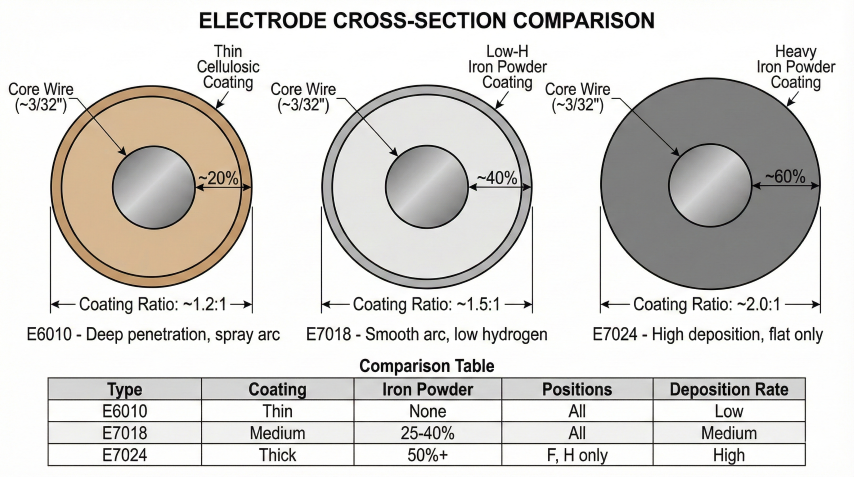 Side-by-side cross-sections of E6010, E7018, and E7024 electrodes showing thin cellulosic, medium low-hydrogen, and thick iron powder coatings with coating ratios and comparison table
