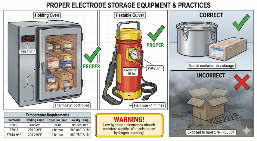 Proper electrode storage showing holding oven at 250-300°F, portable heated quiver for field use, sealed containers for correct storage, and example of improper moisture-exposed storage to avoid
