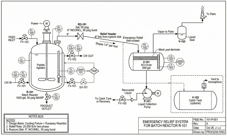 Emergency relief system P&ID for batch reactor R-101 showing 1000 gal jacketed reactor with agitator, cooling water jacket, TAHH temperature alarm and trip, 6-inch INCONEL rupture disk RD-101 set at 50 psig burst, 8-inch relief header sloping 1/4 inch per foot, V-101 knockout drum 500 gal with mesh pad demister, P-101 liquid collection pump to catch tank or recovery, vapor routing to flare through liquid seal V-103, optional V-102 catch tank with flame arrester, design basis cooling failure plus runaway reaction at 25,000 lb/hr two-phase relief rate