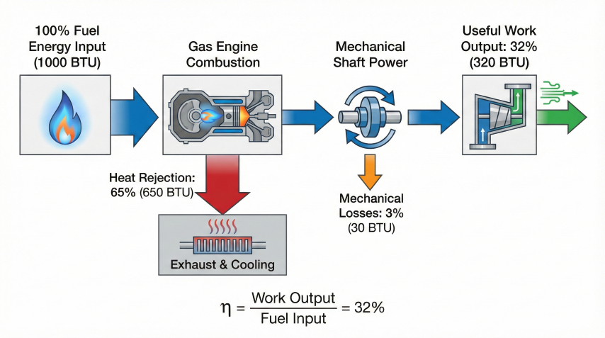 Energy flow diagram showing fuel input through combustion to mechanical work and useful output, with efficiency losses at each stage including 65% heat rejection and 3% mechanical losses, resulting in 32% overall efficiency