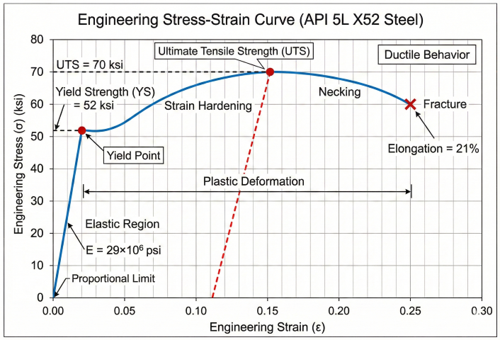 Engineering stress-strain curve for API 5L X52 pipeline steel showing elastic region with E=29×10^6 psi, yield point at 52 ksi, strain hardening region, ultimate tensile strength at 70 ksi, necking, and fracture point with 21% elongation