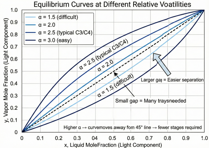Y-X diagram comparing equilibrium curves at relative volatilities α=1.5, 2.0, 2.5, and 3.0, showing how higher α creates larger gap from 45-degree diagonal line indicating easier separation
