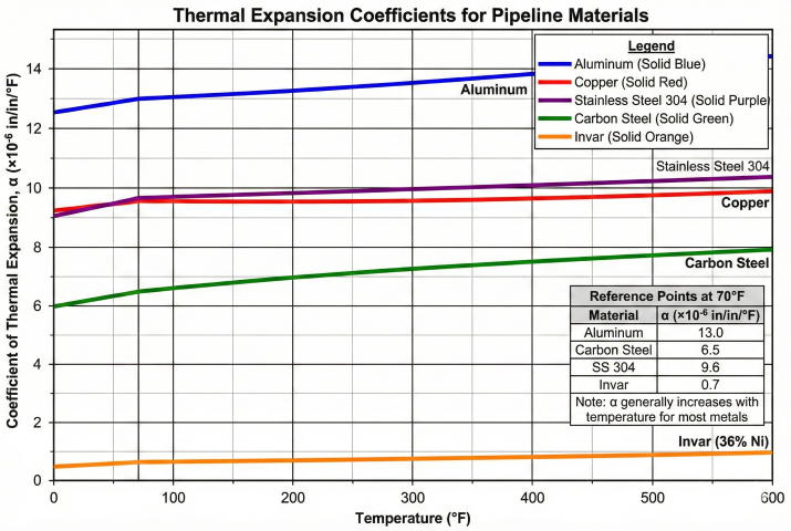 Chart showing thermal expansion coefficients versus temperature for aluminum, copper, stainless steel 304, carbon steel, and Invar alloy from 0 to 600°F