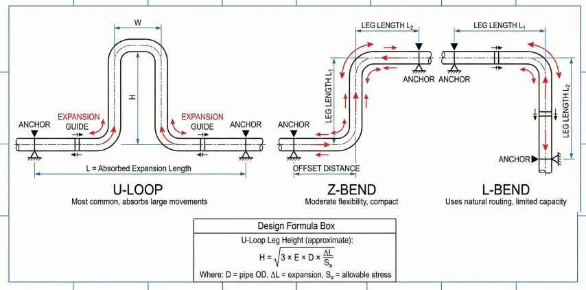 Three expansion loop configurations: U-loop for large movements, Z-bend for moderate flexibility in compact space, and L-bend using natural routing with limited capacity