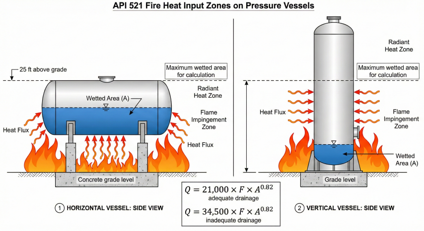 Technical diagram showing fire exposure heat input zones on horizontal and vertical pressure vessels with wetted surface area highlighted, 25 ft height limit, and API 521 heat input equations