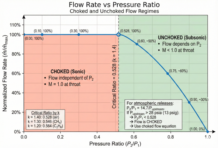 Flow rate versus pressure ratio chart showing choked (sonic) flow region at constant 100% flow for P2/P1 below 0.528, transitioning to unchoked (subsonic) region where flow rate decreases as pressure ratio approaches 1.0, with critical ratio values for different k values
