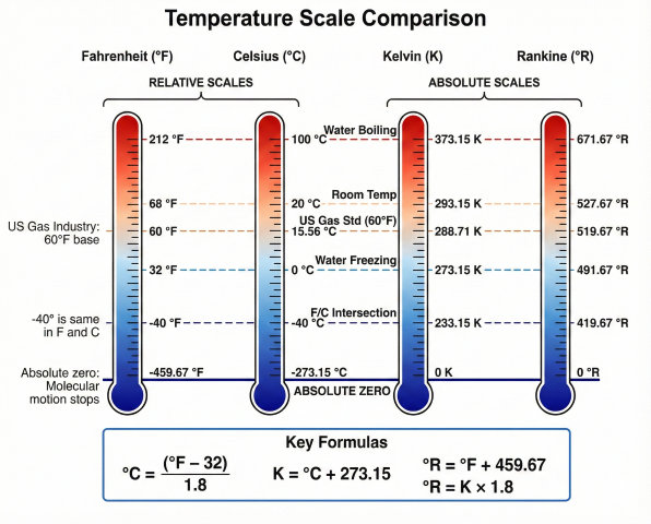 Temperature scale comparison showing Fahrenheit, Celsius, Kelvin, and Rankine thermometer-style bars aligned at key reference points including absolute zero, water freezing, US gas standard 60°F, and water boiling with conversion formulas