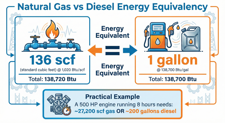 Natural gas vs diesel energy equivalency infographic showing 136 scf of natural gas at 1,020 Btu/scf equals 138,720 Btu, which is energy equivalent to 1 gallon of diesel at 138,700 Btu/gal, with practical example showing 500 HP engine needs 27,200 scf gas or 200 gallons diesel for 8 hours