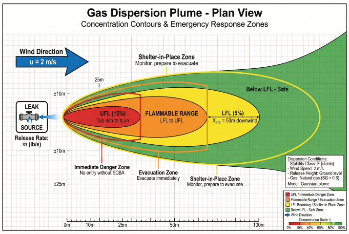 Gas dispersion plume plan view showing leak source with downwind concentration contours including UFL (15%) too rich to burn zone, flammable range between LFL and UFL, LFL (5%) boundary, and safe zone below LFL, with emergency response zones for immediate danger, evacuation, and shelter-in-place areas