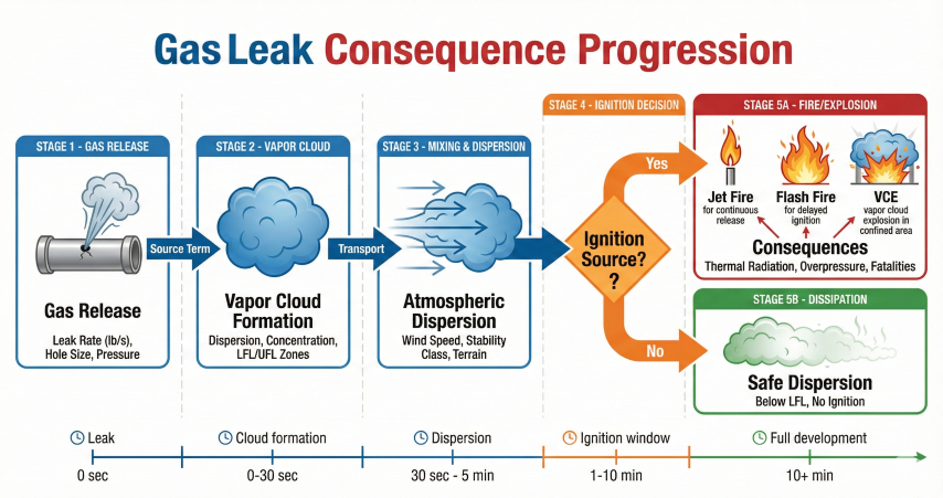 Gas leak consequence progression diagram showing timeline from initial release through vapor cloud formation, atmospheric dispersion, ignition decision point branching to either fire and explosion consequences or safe dispersion below LFL