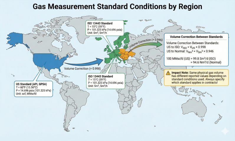 World map showing gas measurement standard conditions by region: US standard at 60°F and 14.696 psia, ISO standard at 15°C and 101.325 kPa, with volume correction factors between standards