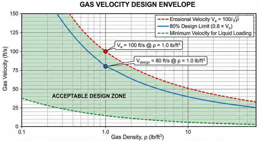 Chart showing gas velocity design envelope with erosional velocity curve, 80% design limit, and minimum velocity for liquid loading, with acceptable design zone shaded between limits