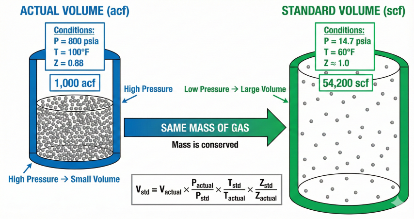 Comparison diagram showing same mass of gas at actual conditions (800 psia, 100°F, Z=0.88) occupying 1,000 acf versus standard conditions (14.7 psia, 60°F, Z≈1.0) occupying 54,200 scf, with P-T-Z correction formula