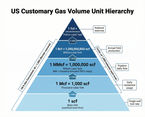 Pyramid diagram showing US customary gas volume unit hierarchy from scf base unit to Mcf (1,000 scf), MMcf (1,000,000 scf), Bcf (1 billion scf), and Tcf (1 trillion scf) with factor of 1,000 between each level and typical application examples