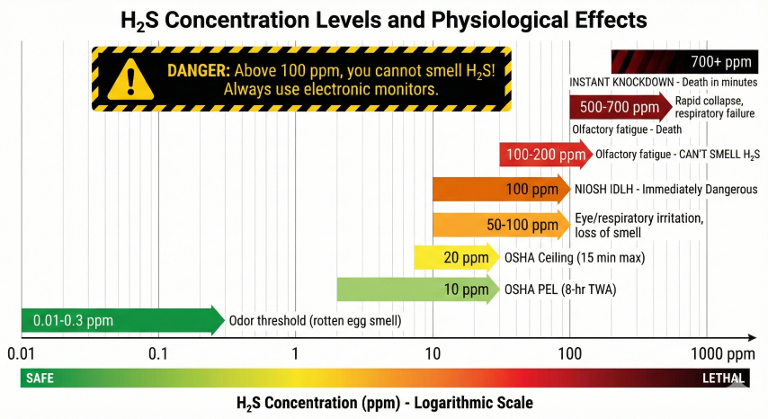 H2S concentration levels and physiological effects chart on logarithmic scale from 0.01 to 1000 ppm, showing color-coded danger zones: green at odor threshold 0.01-0.3 ppm, yellow at OSHA PEL 10 ppm, orange at ceiling 20 ppm, red at NIOSH IDLH 100 ppm, dark red at olfactory fatigue 100-200 ppm where you cannot smell H2S, and lethal knockdown zone above 500 ppm