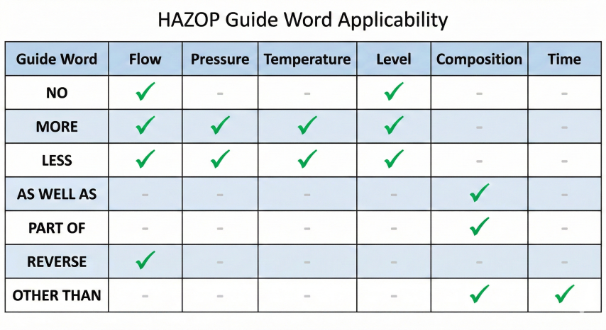 HAZOP guide word applicability matrix showing guide words (NO, MORE, LESS, AS WELL AS, PART OF, REVERSE, OTHER THAN) as rows and process parameters (Flow, Pressure, Temperature, Level, Composition, Time) as columns, with green checkmarks indicating meaningful deviation combinations