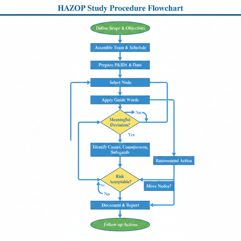 HAZOP study procedure flowchart showing 10 steps: Define Scope & Objectives → Assemble Team & Schedule → Prepare P&IDs & Data → Divide into Nodes → Select Node → Apply Guide Words → Meaningful Deviation? decision diamond (No loops back, Yes continues) → Identify Causes, Consequences, Safeguards → Risk Acceptable? decision diamond (No → Recommend Action → continues, Yes continues) → More Nodes? decision diamond (Yes loops to Select Node, No continues) → Document & Report → Follow-up Actions