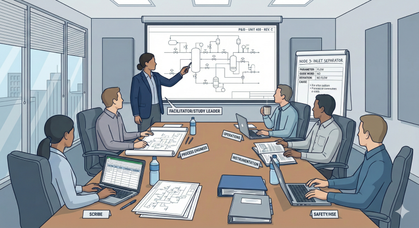 HAZOP study team session illustration showing 6-8 professionals around conference table with role labels (Facilitator/Study Leader standing at screen, Process Engineer, Operations, Instrumentation, Safety/HSE, Scribe with laptop), P&ID drawing on wall screen, printed documents and laptops on table, and whiteboard showing Node 3: Inlet Separator