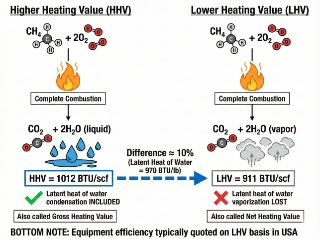 Comparison of Higher Heating Value (HHV) at 1012 BTU/scf versus Lower Heating Value (LHV) at 911 BTU/scf, showing that HHV includes latent heat of water condensation while LHV loses this energy as water vapor