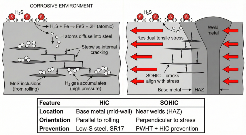 Two-panel diagram showing HIC and SOHIC cracking mechanisms in steel: Left panel HIC mechanism with H2S at surface producing atomic hydrogen, H atoms diffusing into steel, H2 gas accumulating at high pressure at MnS inclusions from rolling, stepwise internal cracks connecting inclusions parallel to rolling direction; Right panel SOHIC mechanism near weld showing weld metal, HAZ, base metal zones, residual tensile stress arrows perpendicular to weld, cracks aligned perpendicular to stress starting from HIC laminations propagating toward weld toe; comparison table showing location, orientation, and prevention methods