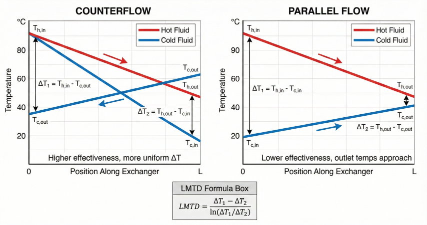 Side-by-side temperature profiles for counterflow and parallel flow heat exchangers showing hot and cold fluid lines with ΔT₁ and ΔT₂ labeled and LMTD formula