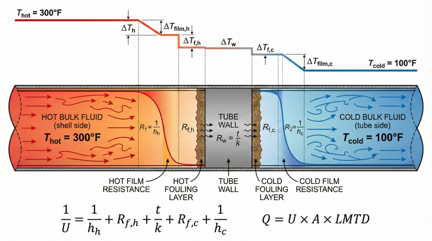 Cross-section diagram showing thermal resistances in series through a heat exchanger tube: hot bulk fluid at 300°F, hot film resistance, hot fouling layer, tube wall, cold fouling layer, cold film resistance, and cold bulk fluid at 100°F, with temperature profile and overall U equation