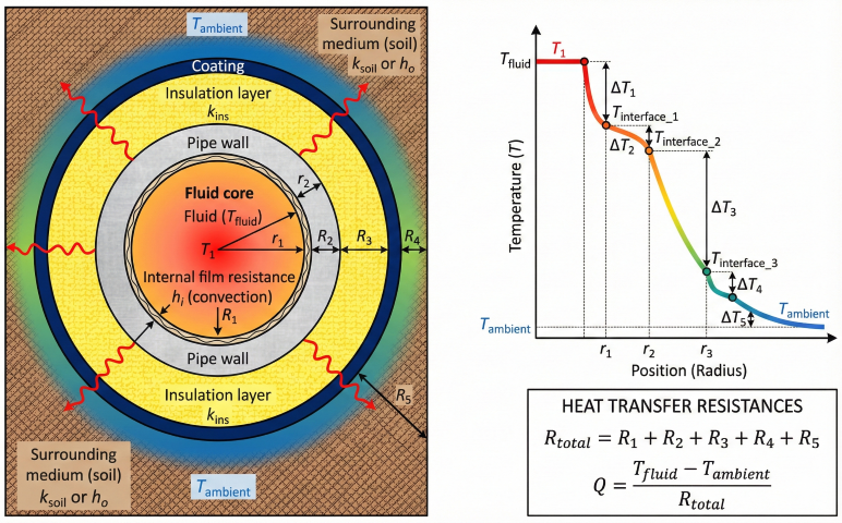 Cross-section of insulated buried pipe showing five thermal resistance layers from fluid core to soil with temperature profile dropping through each layer and R_total equation