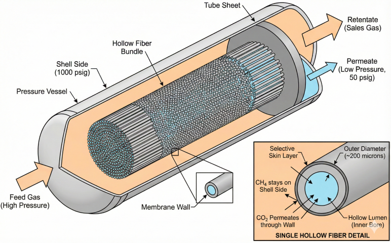 Cross-sectional cutaway of hollow fiber membrane module showing feed gas entering shell side at 1000 psig, hollow fiber bundle, tube sheet, permeate exiting fiber lumens at 50 psig, and retentate (sales gas) exiting opposite end, with inset detail of single fiber showing selective skin layer